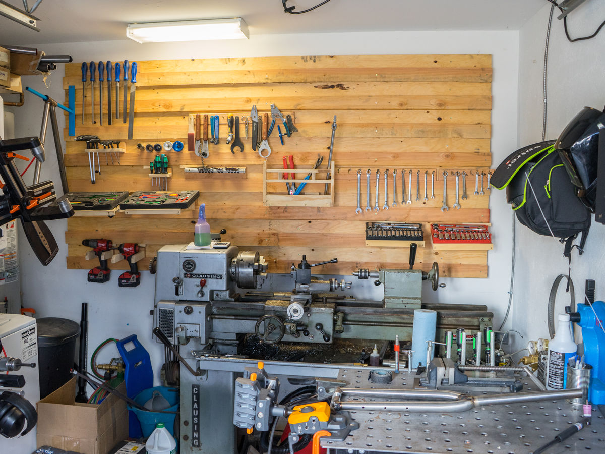 Lathe and tool wall inside the shop