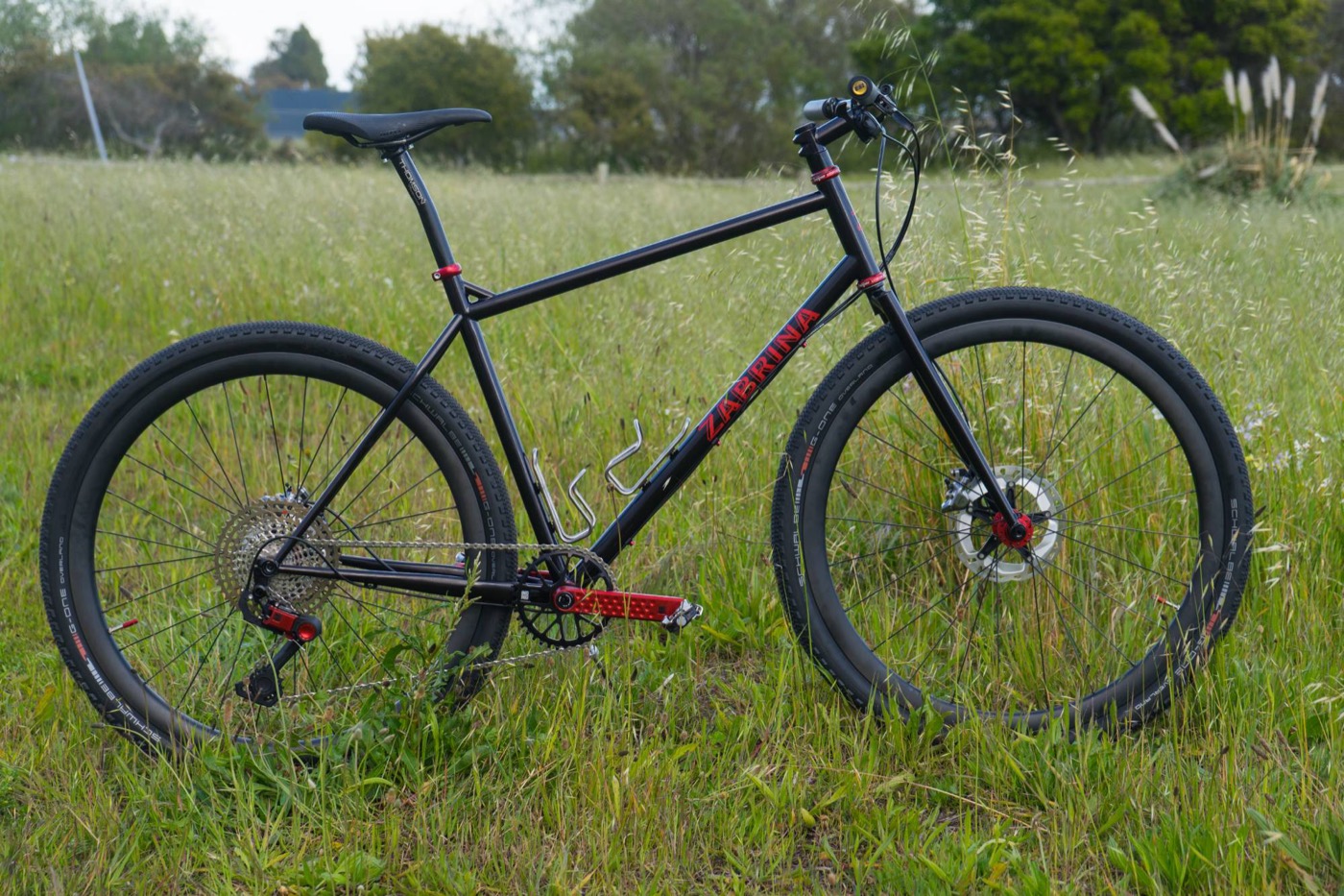 Black Zabrina flat-bar gravel bike with red lettering and red crank in a grassy field