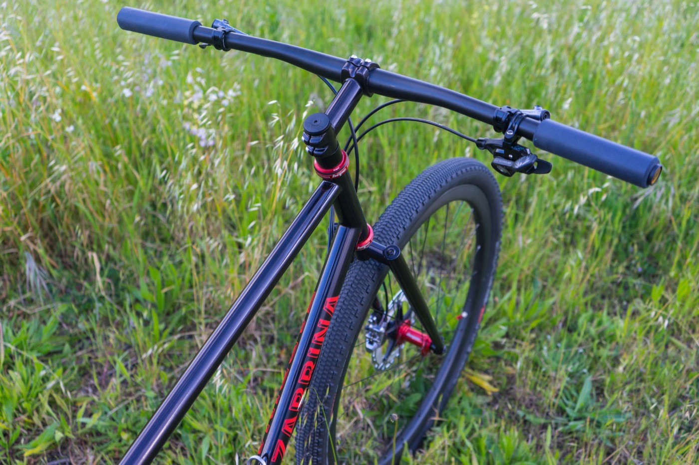 Wide flat bar, red headset and Zabrina down tube from above
