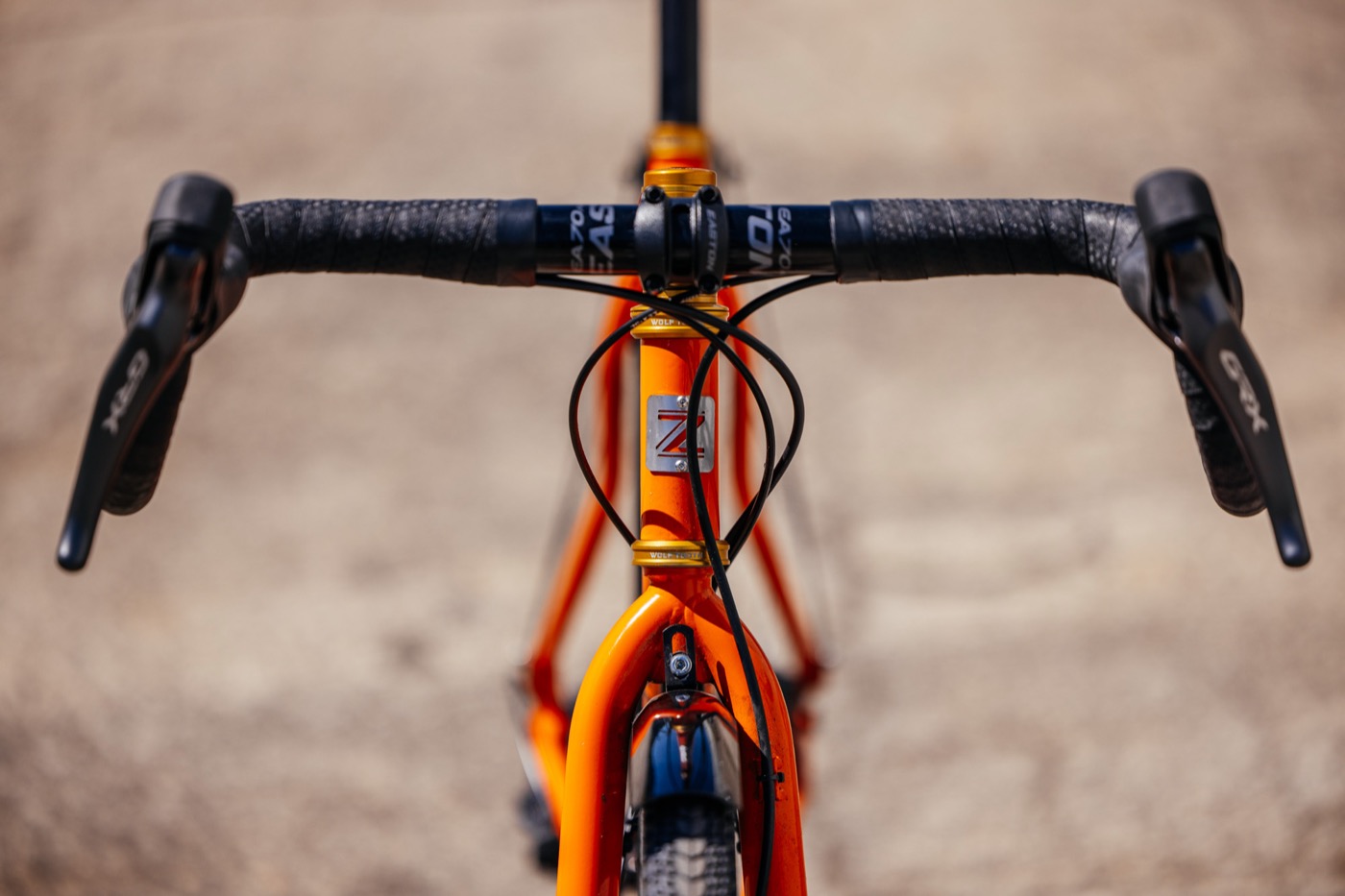 Drop bars and head badge seen head-on